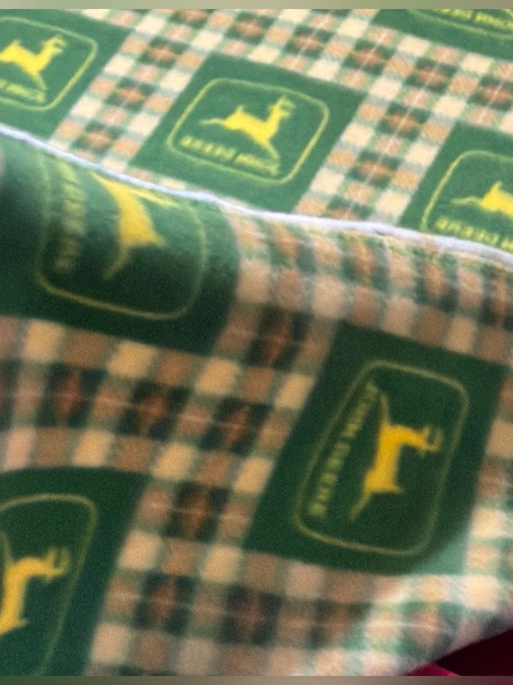 John Deere Logo FLEECE Plaid Green Yellow Blanket Country Style 62”X 59 raw Edge
